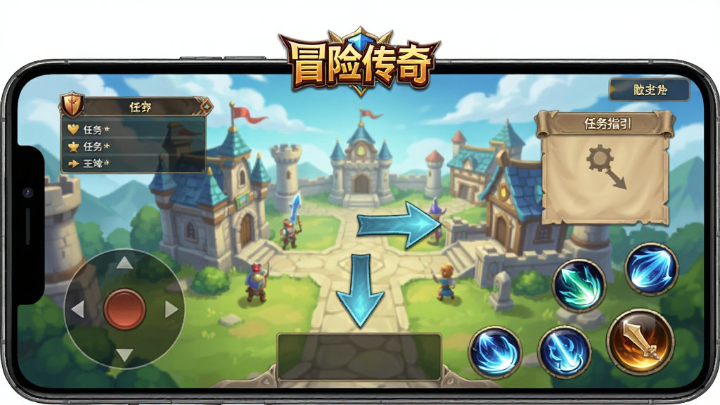 冒险传奇新手操作界面图,主体为手机屏幕显示游戏主城和任务指引箭头,布局采用竖屏手机视角,排版上方显示“冒险传奇”游戏logo,风格为清新奇幻风,细节包含任务栏、虚拟摇杆、技能按钮,画质高清,画面干净,无多余元素
