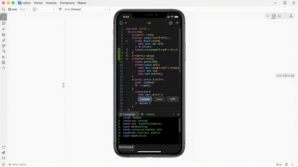 C++������IDE��������չʾ������Ϊһ�������ֻ���Ļ����Ļ����ʾ��ɫ����Ĵ���༭��������Ϊ��ɫ����������Ϊ�����ֻ�������ͼ���Ű���У����Ϊ�Ƽ���Լ�磬ϸ�ڰ��������кš����밴ť���ն�������ڣ����ʸ��壬�ɾ����޶���Ԫ��