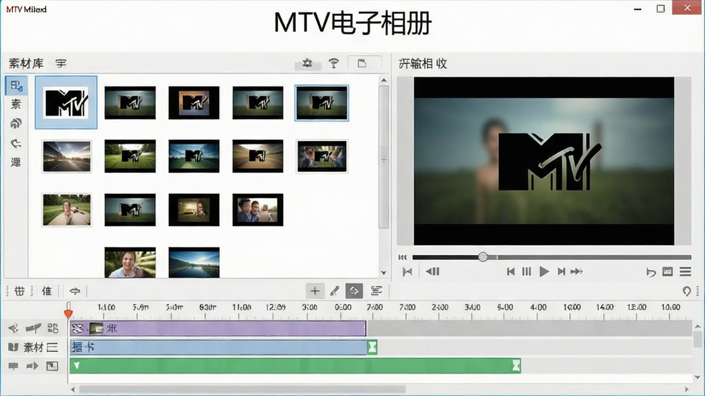 一张展示MTV电子相册软件界面的全景图,画面中央是软件主操作窗口,左侧为素材库缩略图网格,右侧为视频预览播放器,底部是时间轴轨道,界面风格为现代简约浅色主题,窗口上方显示软件名称“MTV电子相册”,整体布局干净整洁,无多余装饰元素,画质清晰,分辨率高,适合作为软件下载站展示图