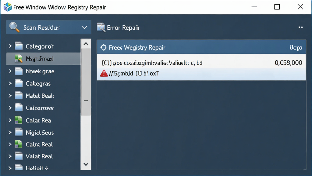 一张软件功能展示图,画面主体为 Free Window Registry Repair 的扫描结果界面,左侧显示分类列表,右侧显示错误条目数量,布局为左右分栏,风格为清爽工具风,细节包含放大镜图标、注册表键值符号、红色警示标记,画质清晰,干净,无多余元素