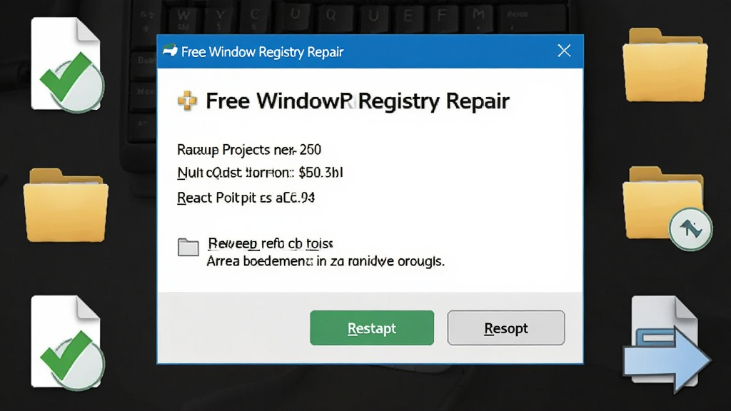一张电脑维护场景图,画面展示 Free Window Registry Repair 修复完成后的提示窗口,窗口内显示修复项目数量与重启提示,周围有备份文件图标与还原箭头,布局为居中,风格为简洁工具风,细节包含绿色对勾、文件夹图标、重启按钮,画质清晰,干净,无多余元素