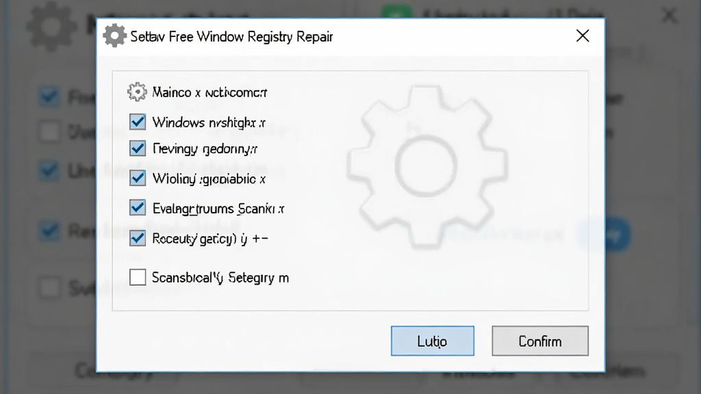 一张软件设置界面示意图,画面展示 Free Window Registry Repair 的选项设置窗口,包含多个扫描类别复选框,布局为居中弹窗,风格为简洁实用风,细节包含齿轮图标、勾选框、确认按钮,画质清晰,干净,无多余元素