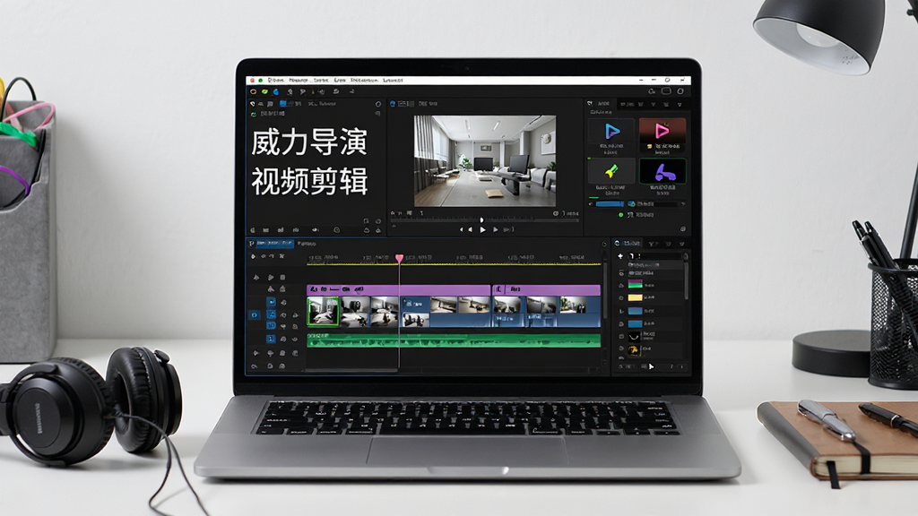 一台打开的笔记本电脑屏幕上显示威力导演视频剪辑软件的时间线界面,画面中央是多彩的视频轨道与预览窗口,周围摆放着耳机、笔记本书桌环境,屏幕内文字标注“威力导演”与“视频剪辑”,布局为居中构图,风格为写实科技感,细节包括时间线缩略图、播放按钮、特效面板,画质清晰干净,无多余元素