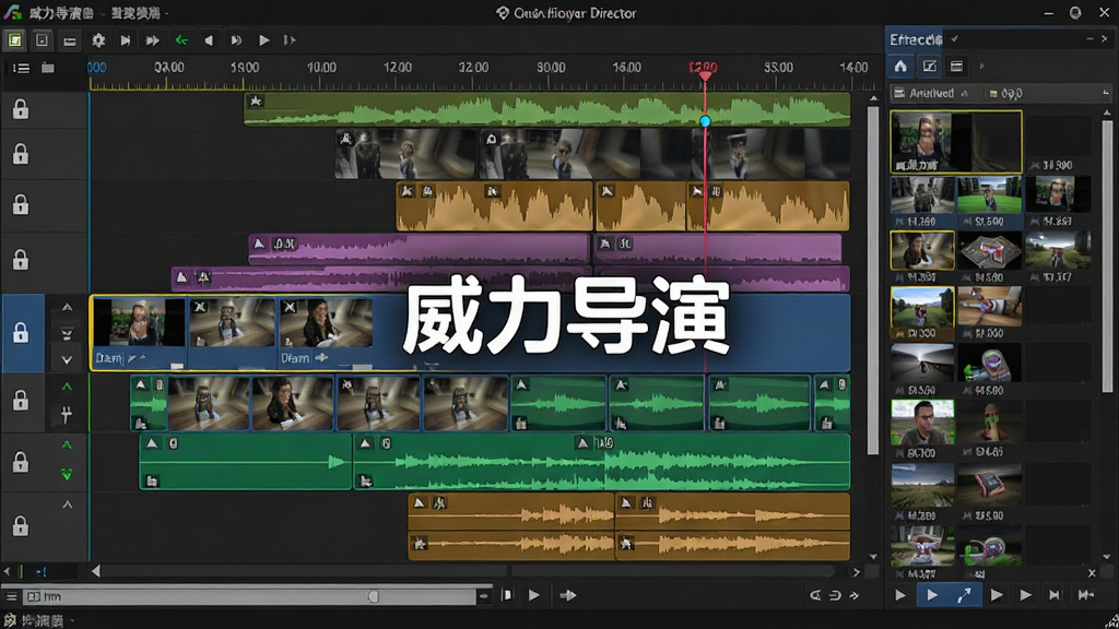 威力导演软件界面中多条彩色视频轨道与音频轨道交错排列,轨道上分布着片段缩略图与关键帧标记,画面右侧是特效库面板,屏幕中央显示“威力导演”软件标志,布局为软件界面截图风格,细节包括轨道锁定图标、播放头、时间刻度,画质高清干净,无多余元素
