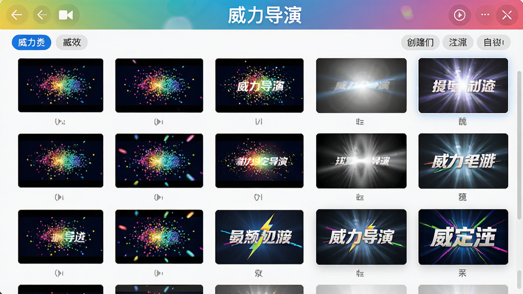 威力导演特效库面板中展示多种转场缩略图与滤镜预览,画面中有彩色粒子、光效与动态文字模板,屏幕上方标注“威力导演”字样,布局为网格状排列,风格为明亮活泼的UI展示,细节包括特效分类标签与预览小窗,画质清晰干净,无多余元素