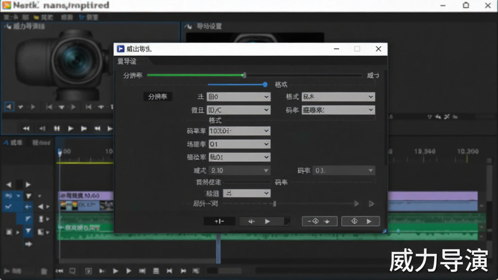 威力导演软件在电脑屏幕上显示导出设置窗口,窗口中有分辨率、格式、码率等选项,背景是时间线编辑界面,屏幕角落标注“威力导演”字样,布局为软件操作截图风格,细节包括进度条与参数下拉菜单,画质清晰干净,无多余元素