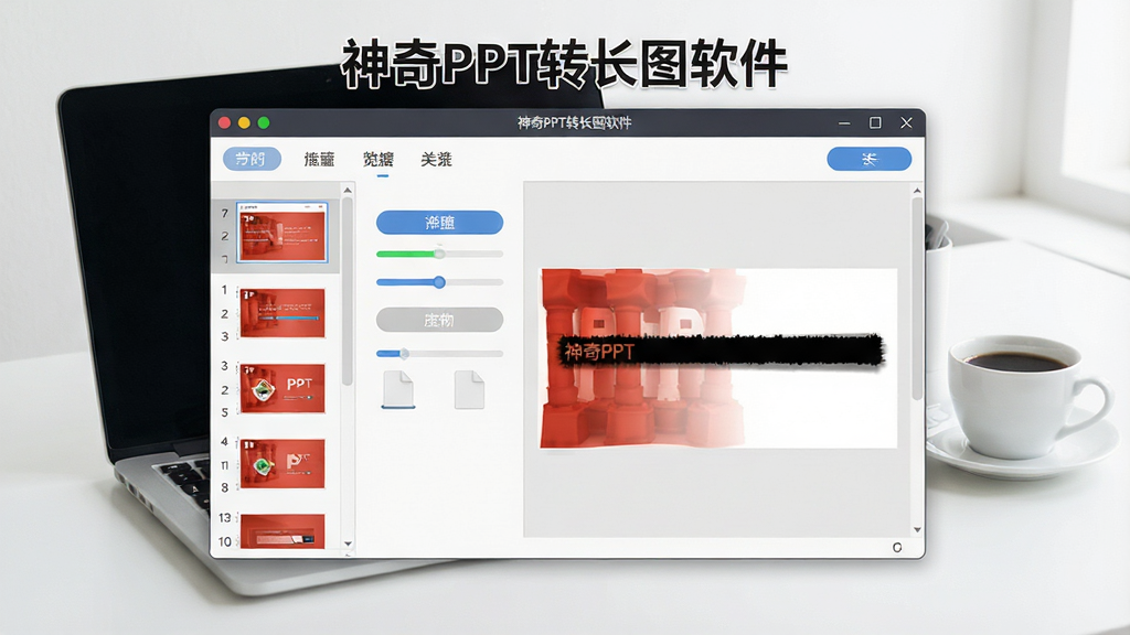 一张展示神奇PPT转长图软件主界面的场景图,画面中央是软件窗口,左侧显示PPT缩略图列表,右侧是长图预览区域,窗口上方有“神奇PPT转长图软件”标题文字,背景是干净的办公桌面,桌面上有笔记本电脑和一杯咖啡,整体布局为横向宽幅构图,风格为现代简约商务风,细节包括软件界面的按钮、进度条和文件图标,画质高清,画面干净,无多余元素