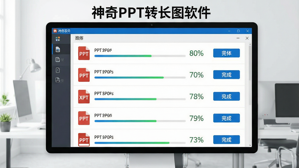 一张展示神奇PPT转长图软件批量处理功能的场景图,画面中软件界面显示多个PPT文件列表,每个文件旁边有进度条和完成状态,界面顶部有“神奇PPT转长图软件”标题,布局为纵向列表式,风格为现代办公软件界面风格,细节包括文件图标、进度百分比和操作按钮,画质高清,画面干净,无多余元素