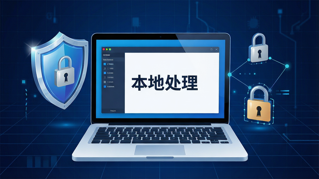 一张展示神奇PPT转长图软件本地安全运行的示意图,画面中央是一台笔记本电脑,电脑屏幕显示软件界面和“本地处理”字样,周围有盾牌和锁的图标象征安全,背景是深蓝色科技感网格,布局为居中构图,风格为网络安全主题插画,细节包括盾牌高光、锁孔和电脑键盘,画质高清,画面干净,无多余元素