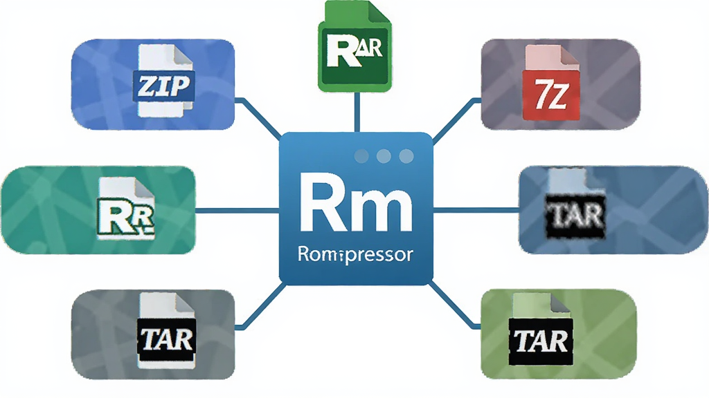 一张展示Rm压缩器多格式兼容功能的示意图,画面主体是Rm压缩器软件图标位于中央,周围环绕着ZIP、RAR、7Z、TAR等格式标签,布局呈放射状排列,风格为扁平化科技感设计,细节包括格式图标和连接线条,画质清晰干净,无多余元素