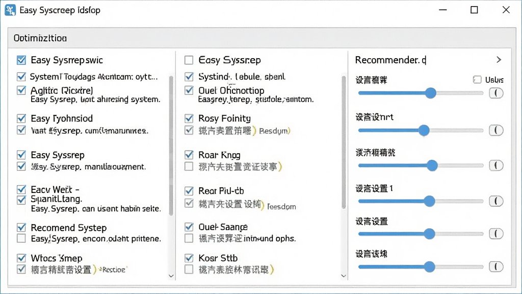 一张展示 Easy Sysprep 系统优化与精简功能的图片,主体为优化选项列表界面,布局为多列勾选框与滑块调节控件组合,排版紧凑合理,风格为简洁商务风白色背景搭配灰色边框,细节包括各项优化说明文字和推荐设置标识,画质清晰干净无多余元素
