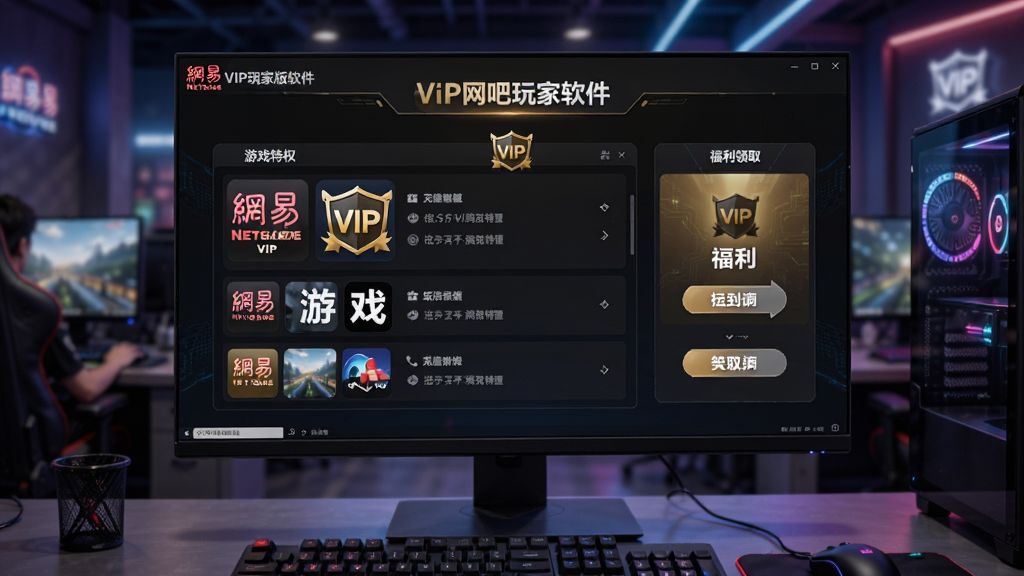 一张展示网易VIP网吧玩家版软件界面的图片,主体为电脑屏幕上的软件主界面,布局清晰展示游戏特权列表和福利领取入口,排版采用居中对称结构,风格为科技感十足的深色主题,细节包含网易游戏图标、VIP标识和网吧场景元素,画质高清干净无多余元素