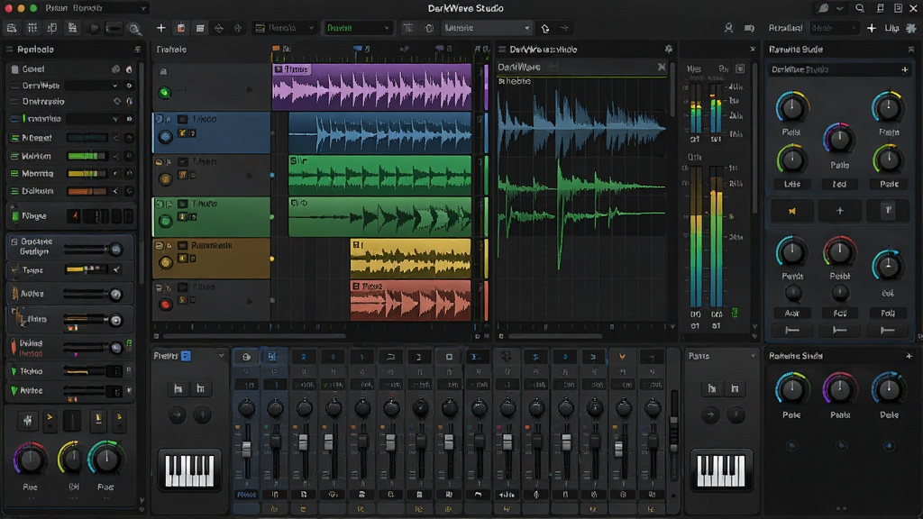 һ��չʾDarkWave Studio�����������ȫ��ͼ������������ģ�黯��Ƶ����վ���棬�����������졢������ʾ������������̨���������������б����Ҳ���ʵʱЧ������壬���岼������רҵ�����Ϊ�ִ��Ƽ���UI��ƣ�ϸ�ڰ�����ɫ����������ƽ��������MIDI����ͼ�꣬���ʸ��壬�ɾ����޶���Ԫ��