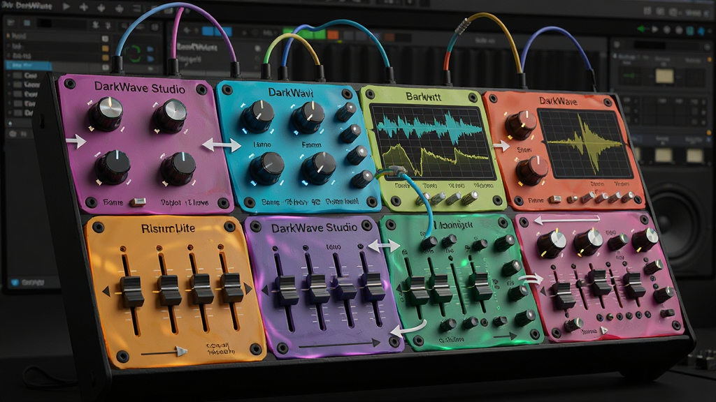 һ��չʾDarkWave Studioģ�黯����������дͼ�������ж����ɫ����ģ��ͨ�������������ӣ�ģ������ʾ��ť�����ӺͲ���ͼ������Ϊ��ɫרҵ��Ƶ�������棬���Ϊ�Ƽ����봴���ϣ�ϸ�ڰ���ģ�����Ʊ�ǩ���ź������ͷ�����ʸ��壬�ɾ����޶���Ԫ��