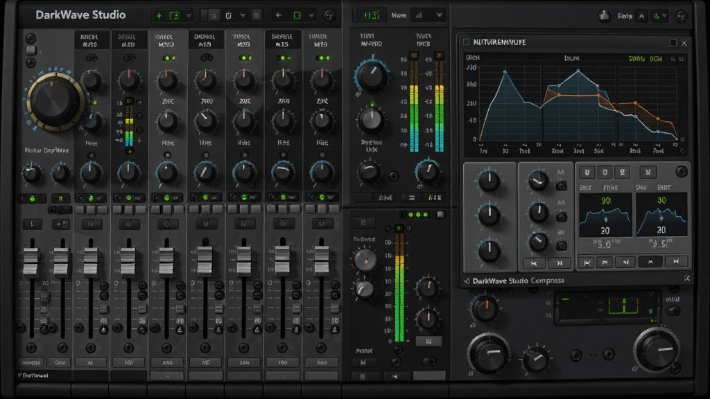 һ��չʾDarkWave Studio�������̨��Ч��������ͼƬ�������ж�ͨ�����ӡ���ť�͵�ƽ���������룬Ч����������ʾ����������ѹ�����������Ϊ��ɫרҵ��Ƶ���棬ϸ�ڰ���ͨ�����ơ���ֵ������LEDָʾ�ƣ����ʸ��壬�ɾ����޶���Ԫ��