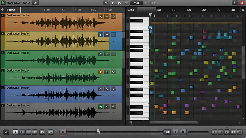 һ��չʾDarkWave Studio���¼����MIDI�༭�����ͼƬ���������Ϊ������Ƶ���ι�����Ҳ�Ϊ���پ����༭���������Բ�ɫ�������У��ײ����ߴ����ư�ť�����Ϊרҵ��Ƶ�������棬ϸ�ڰ���ʱ���ᡢ����ָ�롢������ƣ����ʸ��壬�ɾ����޶���Ԫ��