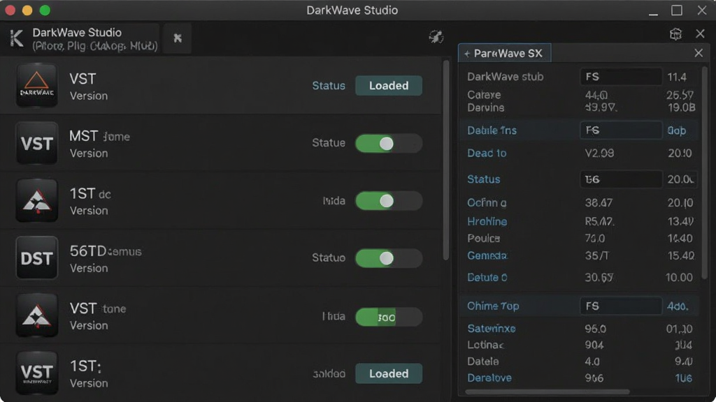 һ��չʾDarkWave Studio������������ͼƬ���������б���ʾ���VST���������״̬���أ��Ҳ��в������Ԥ�����ڣ�����Ϊ��ɫ�������棬���Ϊ�Ƽ�����ʵ���Խ�ϣ�ϸ�ڰ������ͼ�ꡢ�汾�š����ذ�ť�����ʸ��壬�ɾ����޶���Ԫ��