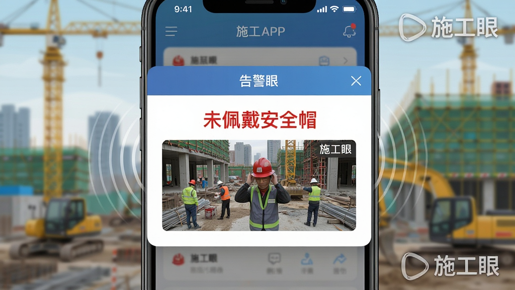AI����Ԥ������չʾ����������Ϊʩ����APP�ĸ澯�������棬��������ʾ��δ�����ȫñ���ĺ�ɫ��ʾ���ֺ��ֳ�ץ�Ľ�ͼ������Ϊ�黯�Ĺ��س���������Ϊ�ֻ������ͼ��д�����Ϊ�Ƽ���UI��ƣ�ϸ���ϵ��������𶯲���Ч���͡�ʩ���ۡ�ˮӡ������Ϊ����ʸ����񣬻���ɾ�