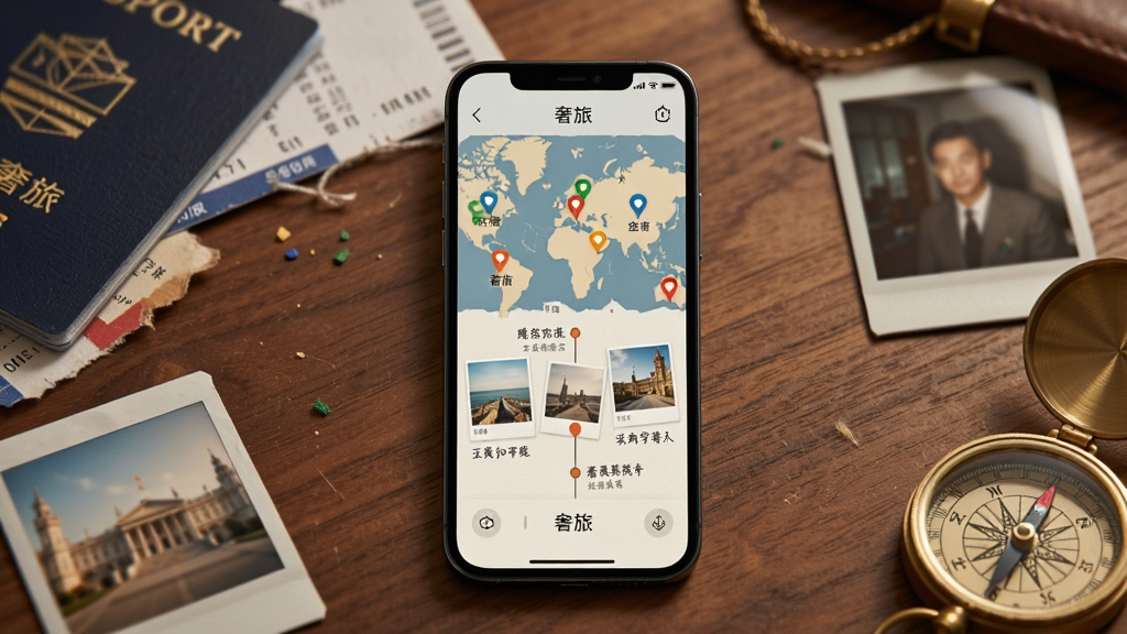 һ��չʾ�����㼣��¼���ܵĻ��棬����������һ���ֻ�����Ļ����ʾ��һ�Ŵ��б�ǵ�����е�ͼ��һ��ʱ���ߣ�ʱ��������������Ƭ�����ּ�¼���ֻ��Ա�ɢ���Ż��ա���Ʊ����������Ƭ��һöָ���룬������ľ�����棬�����ů���ţ�ϸ�ھ��£����ʸ��壬�ɾ��޶���Ԫ�أ�ͼƬ�д������֡����á�