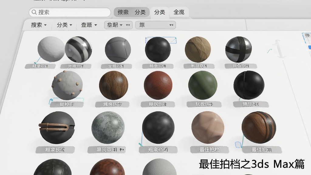 三维材质管理界面示意图,画面中展示多个材质球以网格形式排列,每个材质球下方有名称标签,界面顶部有搜索栏和分类标签,画面一角标注