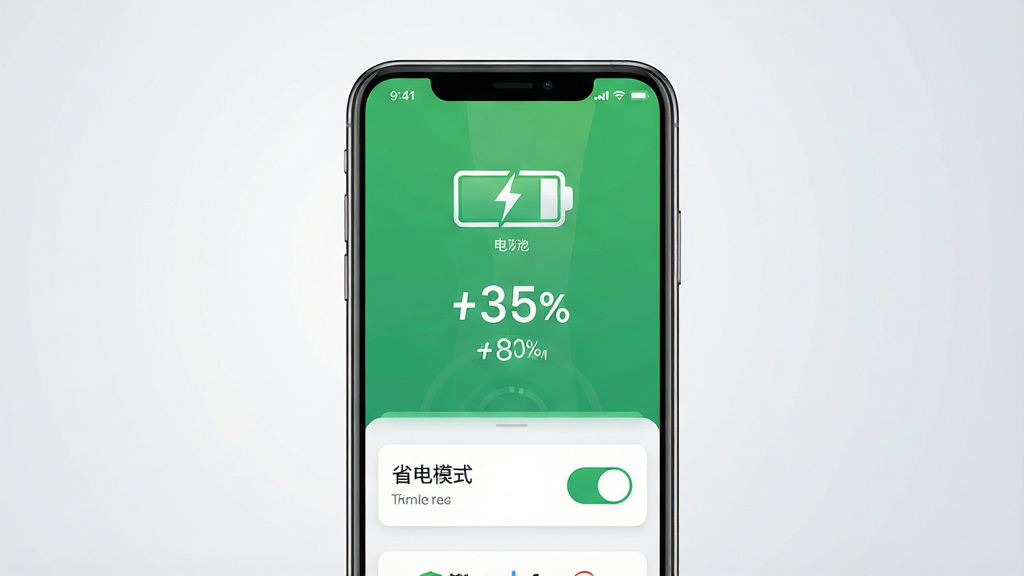 一张展示易省电软件界面的预览图,主体为手机屏幕中显示电池健康度与省电模式开关,布局为居中展示手机正视图,排版简洁清晰,风格为现代科技感扁平化设计,细节包括电池图标、百分比数字、绿色节能色调、背景为浅灰渐变,画质为高清1080p,干净无多余元素。