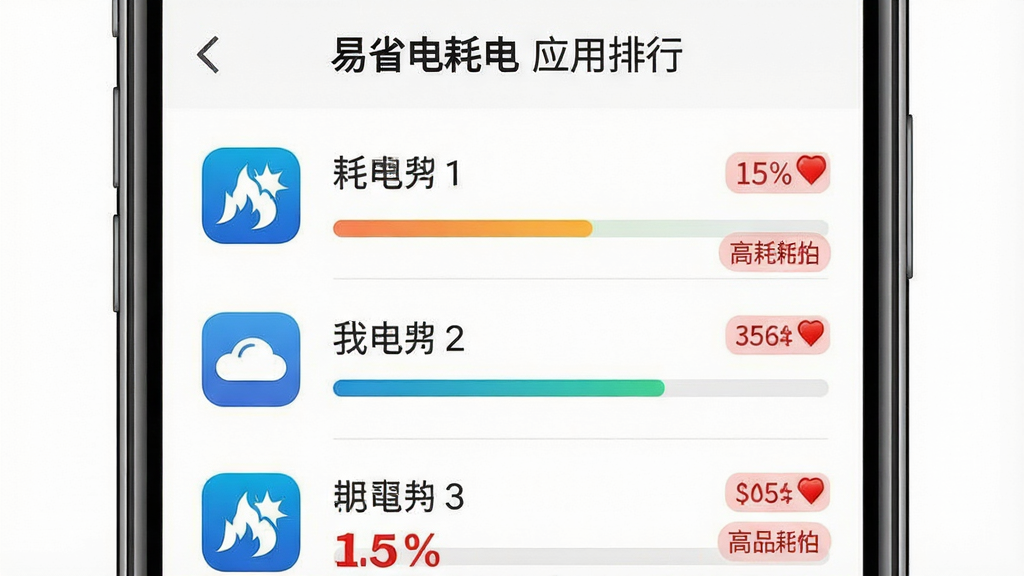 一张展示易省电耗电应用排行界面的图片,主体为手机屏幕显示应用耗电排行榜列表,布局为上下结构,排版清晰,风格为数据可视化风格,细节包括应用图标、耗电百分比进度条、排名数字、红色高耗电标识,画质高清,干净无多余元素。