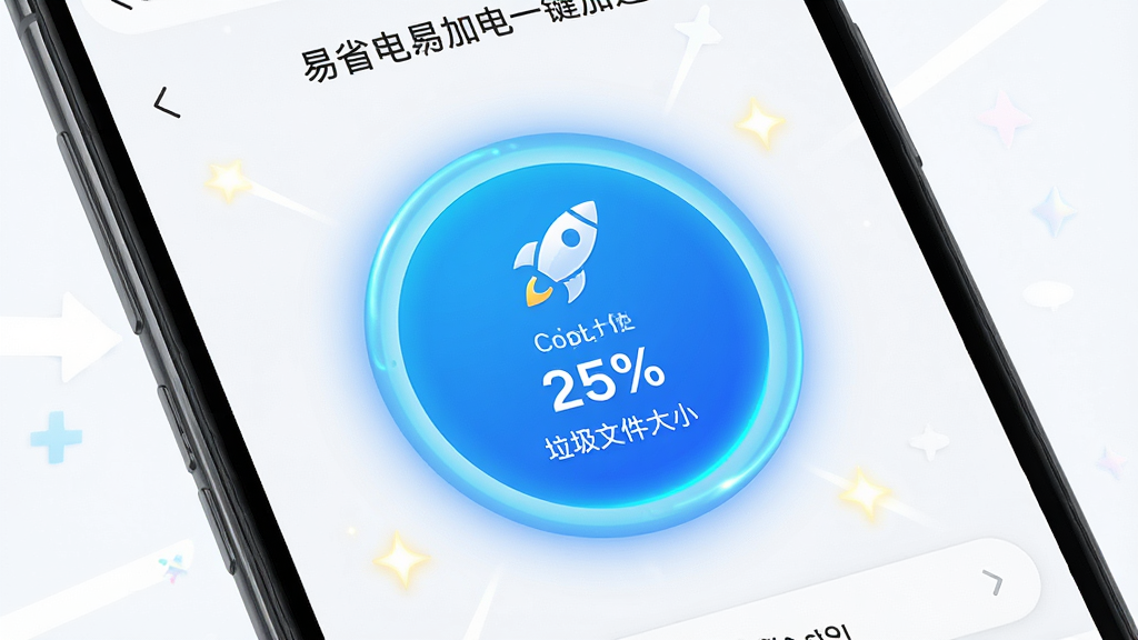 一张展示易省电一键加速清理界面的图片,主体为手机屏幕显示加速按钮与清理进度,布局为居中圆形按钮设计,排版简洁,风格为动感活力风格,细节包括火箭图标、清理百分比、垃圾文件大小数字、蓝色光效,画质高清,干净无多余元素。