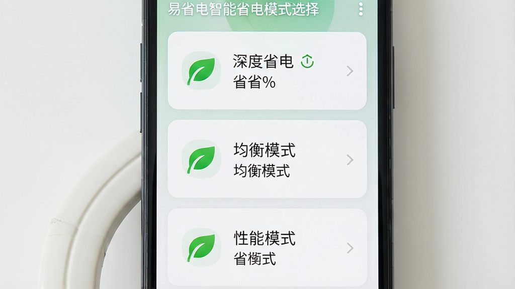 一张展示易省电智能省电模式选择界面的图片,主体为手机屏幕显示三种省电模式卡片,布局为纵向排列,排版整齐,风格为清新简约风,细节包括绿色叶子图标、电量百分比、模式名称文字“深度省电”“均衡模式”“性能模式”,画质高清,干净无多余元素。