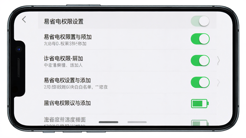 一张展示易省电权限设置与白名单添加界面的图片,主体为手机屏幕显示权限列表与开关按钮,布局为纵向列表,排版清晰,风格为系统设置风格,细节包括权限名称文字、绿色开关、电池图标,画质高清,干净无多余元素。