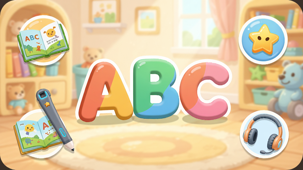 ����ABCӢ������ѧϰ����������չʾ�����������ǿ�ͨ��ĸABC�������ͣ���Χ���Ƶ���ʡ��汾�����������ǽ���ͼ�꣬����Ϊ������ܰ�Ķ�ͯ�鷿����������ͻ�����־��У��Ű������򣬷��Ϊ��ƽ����ͨ�廭��ϸ�ڰ�����ͽ���ɫ����Բ��Ԫ�أ����������ɾ��޶���Ԫ��