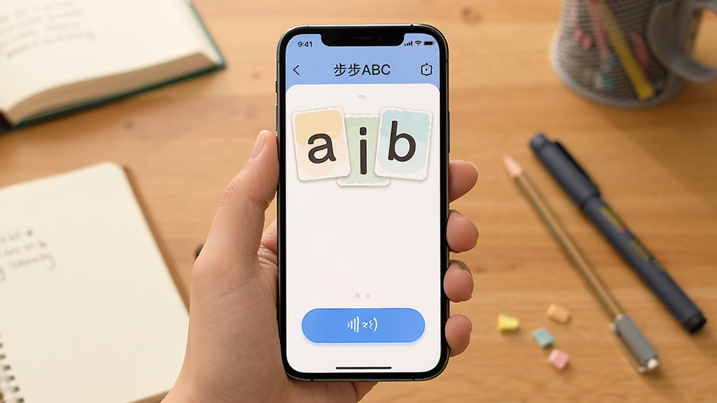 ����ABC�ƶ���ʹ�ó���չʾ������Ϊһֻ�������ֻ���ʾ����ABCѧϰ���棬�����ֻ����б���Ϊ�������ľߣ��Ű��࣬���Ϊ���ʵ�ĸв廭��ϸ�ڰ�����Ļ�ϵ���ĸ��Ƭ�������ť�����������ɾ��޶���Ԫ��