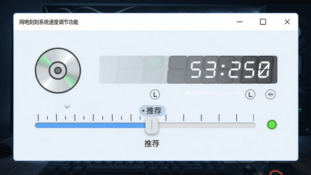 一张展示网吧刻录系统速度调节功能的图片,主体为软件设置面板中的速度滑块,布局为左侧光盘图标和右侧速度数值显示,排版简洁,风格为清爽浅色风,细节包括速度刻度线、推荐标记、缓存状态指示灯,画质清晰干净无多余元素