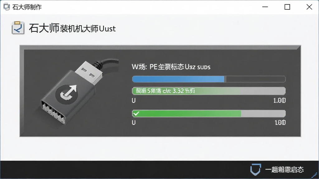 一张展示石大师装机大师U盘启动制作界面的图片,画面中软件窗口显示正在向U盘写入PE系统,有进度条和U盘图标,旁边有提示文字,风格简洁明了,细节清晰,画质高清,干净无多余元素