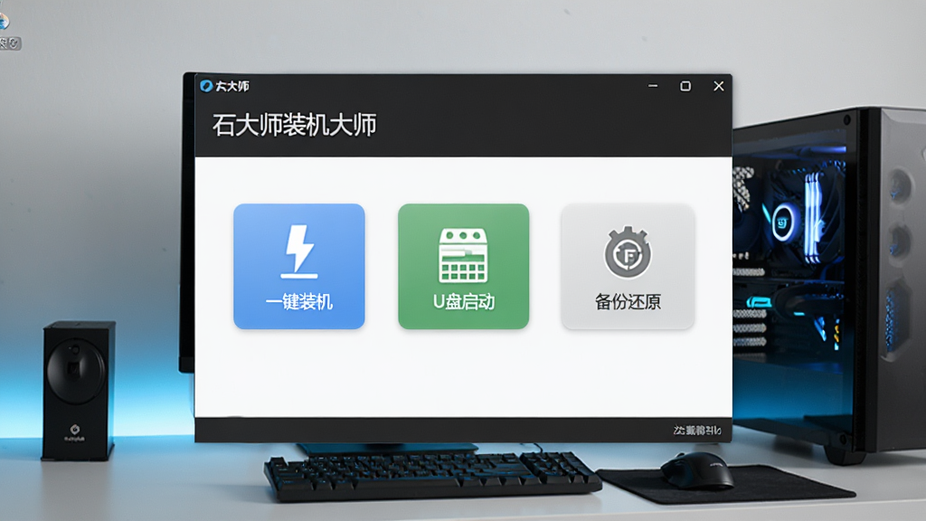 一张展示石大师装机大师软件主界面的图片,画面中央是软件窗口,窗口内显示一键装机、U盘启动、备份还原等功能按钮,背景是整洁的电脑桌面,风格简洁科技感,细节清晰,画质高清,干净无多余元素