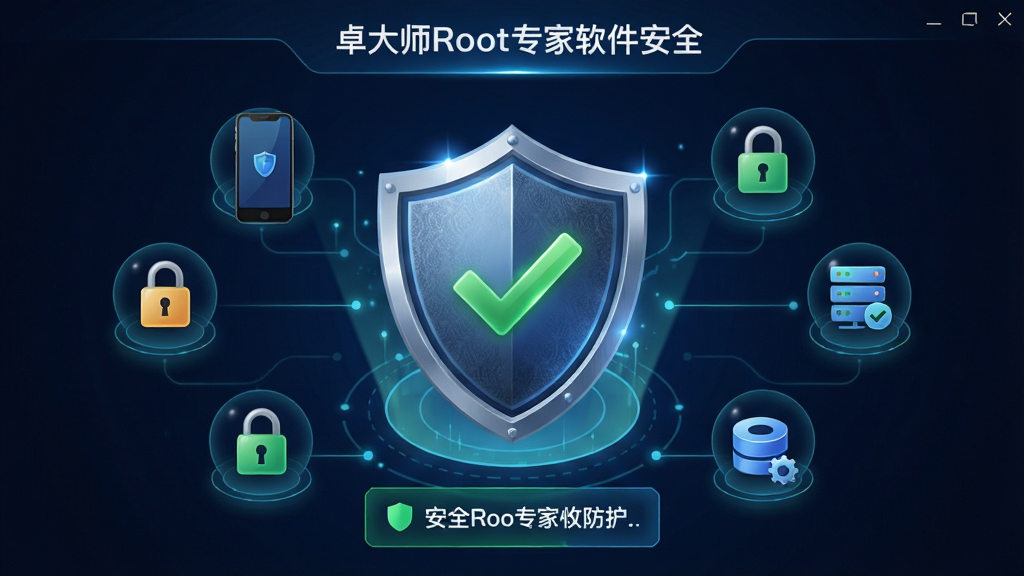 一张展示卓大师Root专家软件安全防护功能的界面图,画面中央为盾牌图标与绿色对勾,周围环绕手机、锁、数据备份等小图标,布局为居中对称式,风格为安全科技感设计,细节包括盾牌纹理、光效、安全提示文字框,画质高清干净,无多余元素