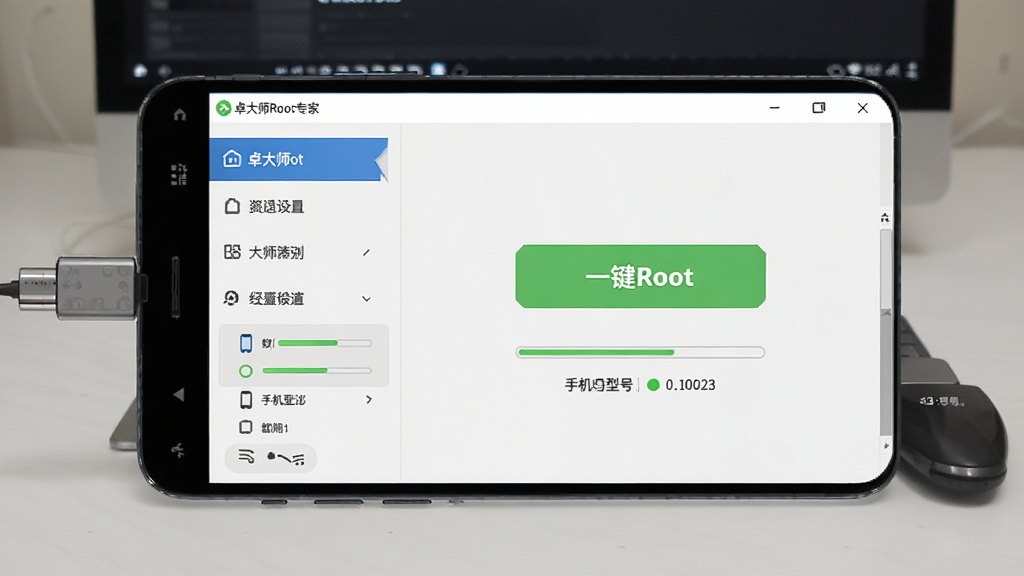 一张展示安卓手机连接电脑的界面截图,屏幕中央显示卓大师Root专家软件主界面,界面布局清晰,左侧为功能导航栏,右侧显示一键Root按钮和手机型号识别信息,排版简洁有序,风格为现代科技感UI设计,细节包括手机图标、进度条、状态指示灯,画质高清干净,无多余元素