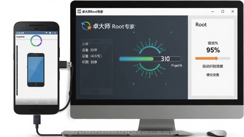 画面主体为一款安卓手机与电脑通过USB线连接,电脑屏幕上显示卓大师Root专家软件正在自动识别手机型号,界面中央有进度条和检测动画,布局为左右分栏,左侧显示设备信息,右侧显示Root进度,风格为扁平化科技风,细节包括手机图标、USB连接线、检测百分比数字,画质清晰干净,无多余元素