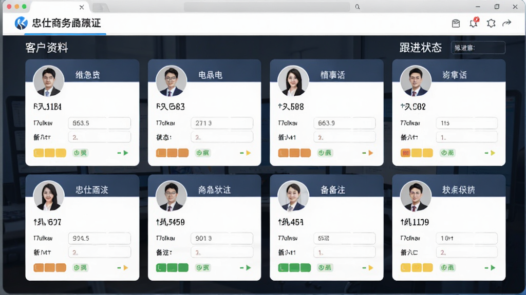 忠仕商务通客户管理界面,主体为客户资料卡片与跟进状态标签,布局为网格排列,排版为整齐卡片式,风格为清爽商务风,细节包括头像、姓名、电话、备注字段、状态颜色标识,画质清晰干净无多余元素