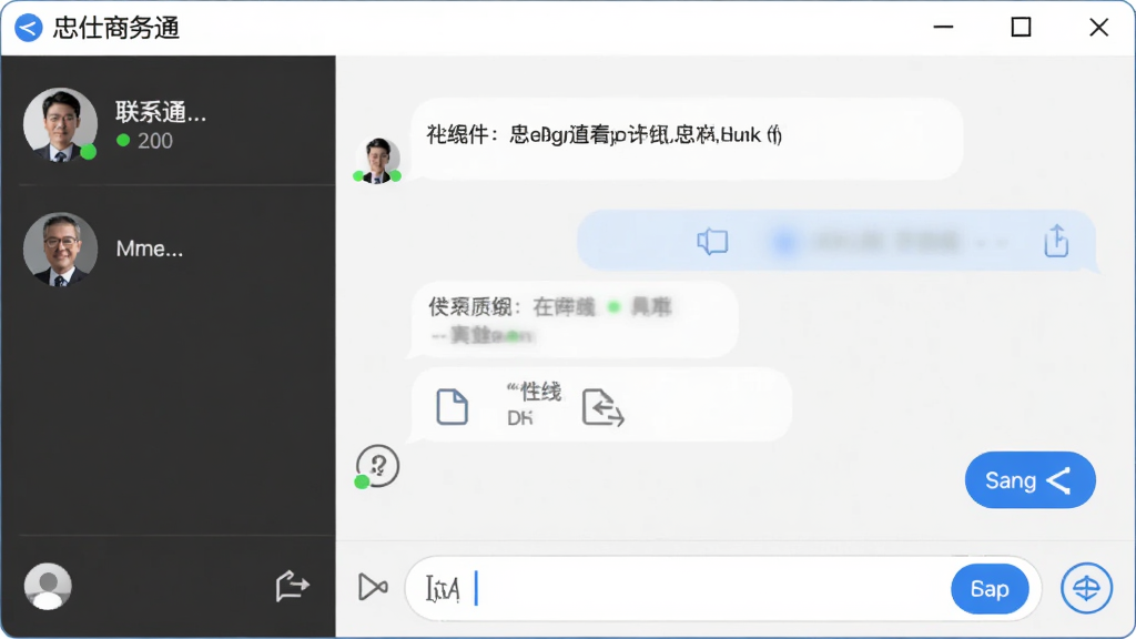 忠仕商务通聊天窗口界面,主体为消息对话气泡与输入框,布局为左右分栏左侧联系人右侧聊天区,排版为横向展示,风格为简洁办公风,细节包括蓝色发送按钮、在线状态圆点、文件传输图标,画质清晰干净无多余元素