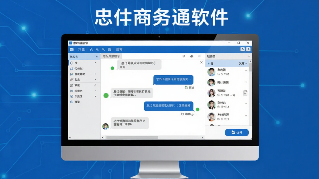 忠仕商务通软件主界面全貌,主体为电脑屏幕显示商务通讯软件聊天窗口与联系人列表,布局为居中展示软件界面截图,排版为上下结构上方标题下方界面图,风格为简约商务科技风,细节包括蓝色主题色、消息气泡、在线状态图标、文件传输按钮,画质清晰干净无多余元素