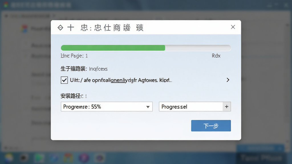 忠仕商务通安装向导界面,主体为安装进度条与下一步按钮,布局为居中弹窗,排版为向导式,风格为简洁安装界面,细节包括许可协议勾选框、安装路径选择、进度百分比,画质清晰干净无多余元素