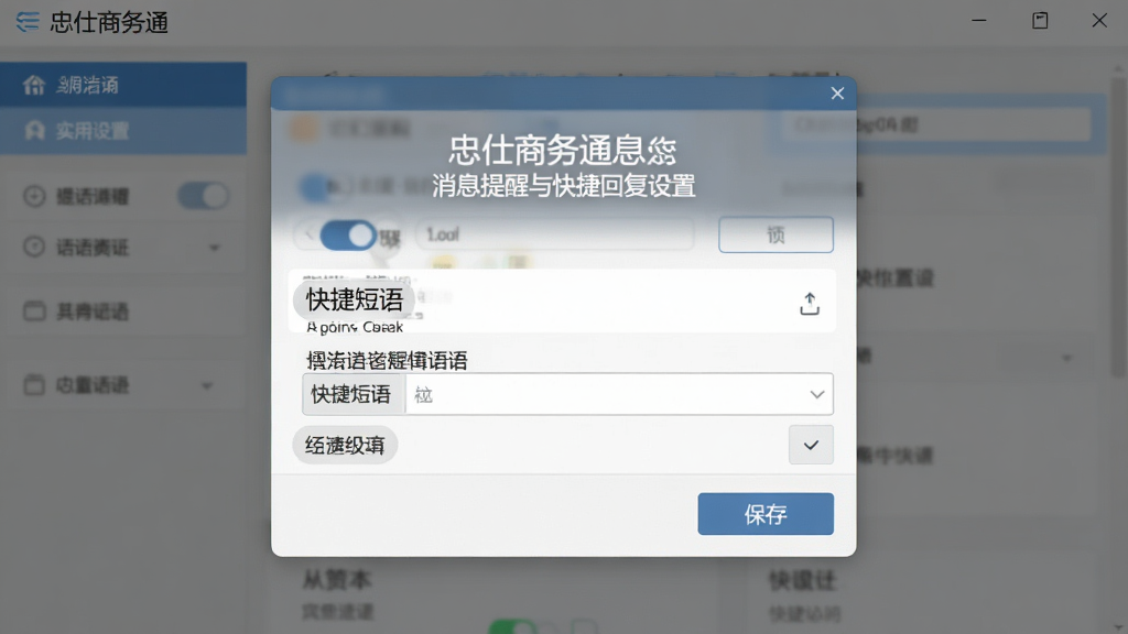 忠仕商务通消息提醒与快捷回复设置界面,主体为弹窗提醒与快捷短语列表,布局为上下结构,排版为设置面板样式,风格为实用办公风,细节包括开关按钮、短语编辑框、保存按钮,画质清晰干净无多余元素