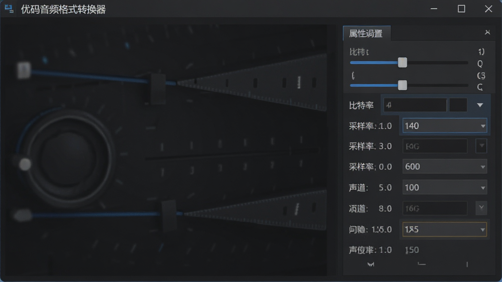 一张展示优码音频格式转换器参数调节功能的图片,主体为软件界面中参数设置面板,布局为右侧属性栏,排版包含滑块与输入框,风格为深色专业风,细节包括比特率、采样率、声道等参数项,画质高清,干净无多余元素