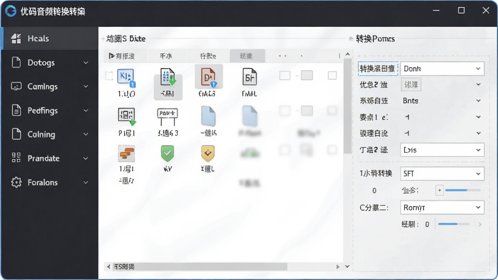 一张展示优码音频格式转换器软件界面的图片,主体为软件主窗口,布局清晰,左侧为功能导航栏,右侧为文件列表与转换参数设置区,排版整齐,风格为现代简约科技风,细节包括格式图标、进度条、参数下拉菜单,画质高清,干净无多余元素