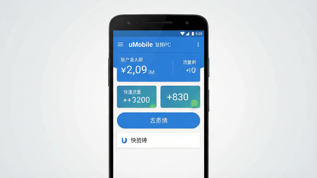 һ��չʾuMobileӦ�ý�����ֻ���ĻԤ��ͼ������������һ��������׿�ֻ�����Ļ����ʾuMobileӦ�������棬�����˻�������ʣ�ࡢ��ݳ�ֵ��ť��ģ�飬���������ִ�����������ɫΪ��������Ϊ�ɾ���ǳ��ɫ���䣬���岼�־��жԳƣ����Ϊ��ƽ��UI��ƣ�ϸ�����������ʸ��壬�ɾ����䣬�޶���Ԫ�أ�������ͼ�꣬�ʺ���Ϊ��������վԤ��ͼ
