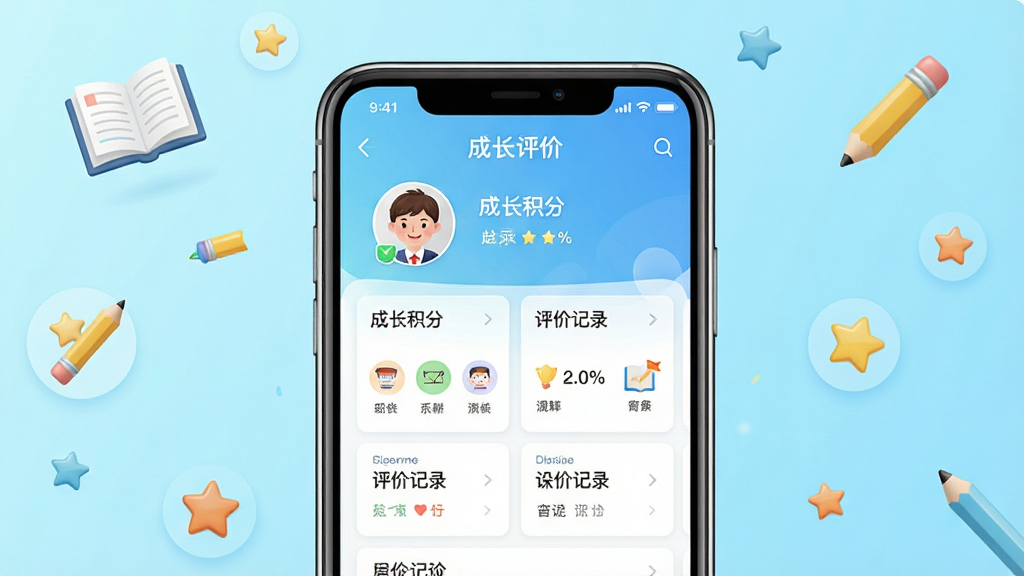 һ��չʾ�ɳ����������������ͼƬ�������������ֻ���Ļ����Ļ����ʾ�ɳ�����Ӧ����ҳ����ѧ��ͷ�񡢳ɳ����֡����ۼ�¼��Ƭ��Ԫ�أ�����Ϊ���µ�ǳ��ɫ���䣬��Χ��׺�鱾��Ǧ�ʡ����ǵȽ������Сͼ�꣬�����������죬�����������ɾ��޶���Ԫ�أ��ʺ���Ϊ����������ͼ