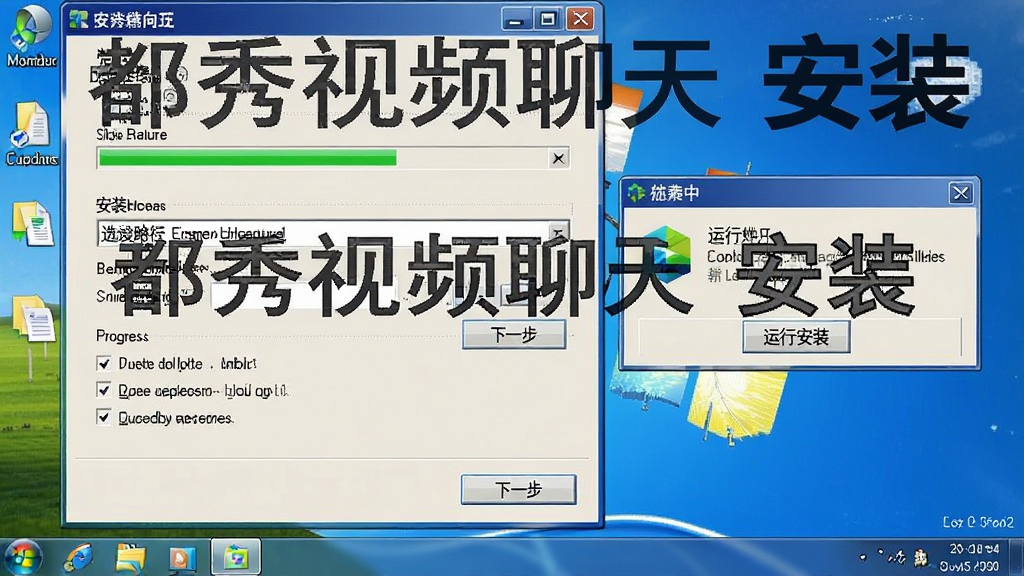一张电脑桌面截图,画面中展示都秀视频聊天安装向导界面,包含“下一步”按钮与安装路径选择框,旁边有运行库安装提示弹窗,整体风格为Windows经典安装界面,细节包括进度条与复选框,画质清晰,干净无多余元素,画面中标注文字“都秀视频聊天 安装”