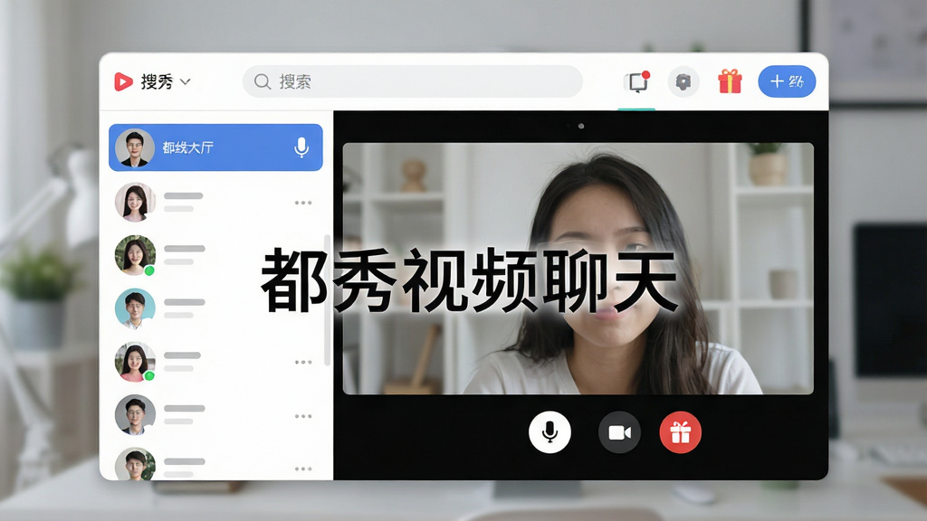 一张展示都秀视频聊天软件主界面的场景图,画面中央为视频聊天大厅窗口,左侧列出在线用户头像列表,右侧为视频通话预览区域,顶部有搜索栏与功能按钮,整体布局清晰,风格为现代简约科技风,细节包括麦克风图标、摄像头开关、礼物按钮,画质高清,干净无多余元素,画面中标注文字“都秀视频聊天”