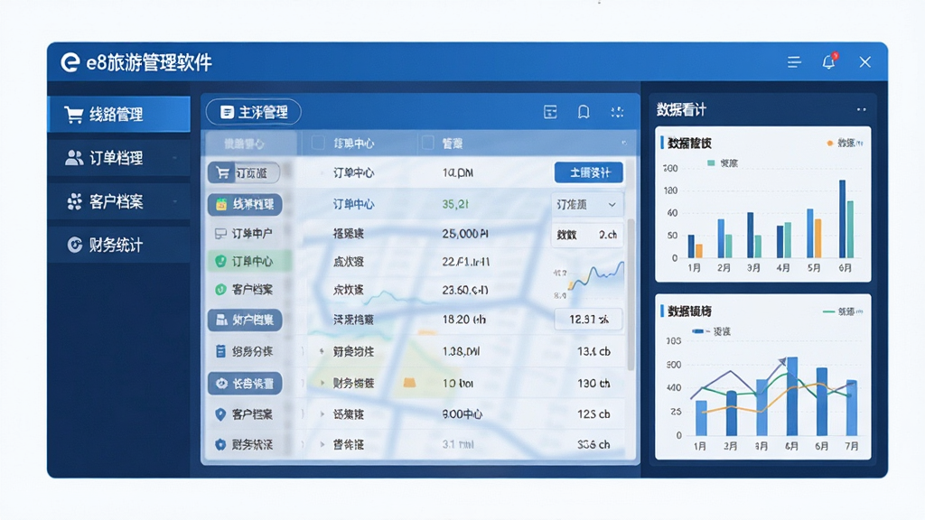 软件主界面全景展示,画面中央为「e8旅游管理软件」主控台,左侧导航栏清晰列出线路管理、订单中心、客户档案、财务统计等模块,右侧显示数据看板与图表,整体采用蓝色商务风格,布局简洁有序,细节包含按钮图标与数据列表,画质清晰,干净无多余元素