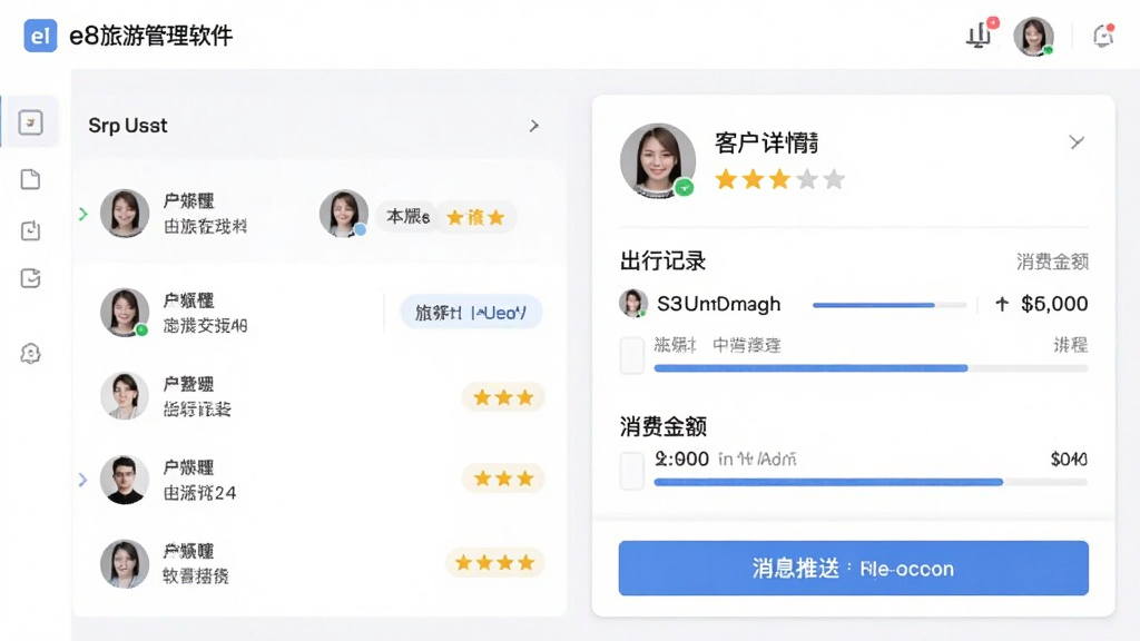 AI生图,画面主体为「e8旅游管理软件」客户关系管理界面,左侧为客户列表与标签分类,右侧为客户详情卡片,包含头像、出行记录与消费金额,底部有消息推送按钮,整体布局清晰,风格为现代简约商务风,细节包含星级评分与进度条,画质清晰,干净无多余元素